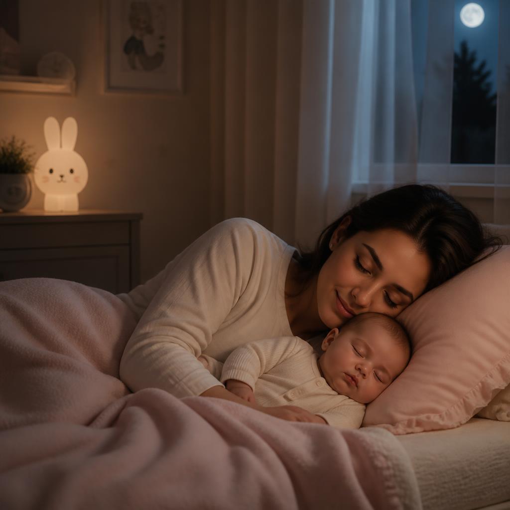 Mamá y bebé de 5 meses durmiendo serenamente en su cuarto por la noche